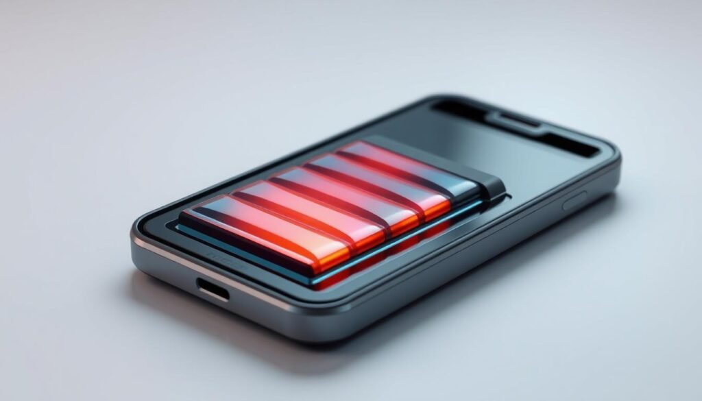 A detailed cross-section view of a smartphone battery, showcasing its internal structure and temperature-related degradation over time. The foreground depicts the battery cells, electrodes, and separator layers, with a heat gradient visually indicating increased temperatures. The middle ground features a sleek, minimalist smartphone chassis, partially transparent to reveal the internal components. The background is a soft, muted gradient, emphasizing the technical nature of the subject matter. Render this scene with high-fidelity materials, crisp details, and accurate technical accuracy to illustrate the impact of temperature on battery life. Uma vista em corte detalhada de uma bateria de smartphone, mostrando sua estrutura interna e a degradação relacionada à temperatura ao longo do tempo. O primeiro plano retrata as células da bateria, eletrodos e camadas de separação, com um gradiente de calor indicando visualmente o aumento das temperaturas. O plano intermediário apresenta um chassi de smartphone elegante e minimalista, parcialmente transparente para revelar os componentes internos. O fundo é um suave gradiente neutro, enfatizando a natureza técnica do assunto. Renderize esta cena com materiais de alta fidelidade, detalhes nítidos e precisão técnica exata para ilustrar o impacto da temperatura na vida útil da bateria.