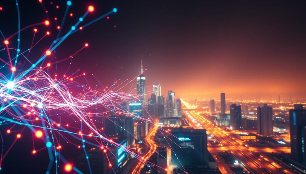 A dynamic 5G network pulsing with data, its lightning-fast connections weaving a vibrant tapestry of information. In the foreground, glowing fiber-optic cables surge with digital energy, their luminous tendrils conveying the sheer velocity of this transformative technology. The middle ground reveals a cityscape, its skyscrapers and infrastructure bathed in a warm, futuristic glow - a testament to the seamless integration of 5G into the urban landscape. The background fades into a hazy, ethereal atmosphere, hinting at the boundless potential of this paradigm-shifting network. Lighting is crisp and directional, casting dramatic shadows that emphasize the scale and power of the 5G infrastructure. The overall mood is one of awe-inspiring technological progress, capturing the essence of "Rede 5G: A Velocidade Que Ninguém Viu". A dynamic 5G network pulsing with data, its lightning-fast connections weaving a vibrant tapestry of information. In the foreground, glowing fiber-optic cables surge with digital energy, their luminous tendrils conveying the sheer velocity of this transformative technology. The middle ground reveals a cityscape, its skyscrapers and infrastructure bathed in a warm, futuristic glow - a testament to the seamless integration of 5G into the urban landscape. The background fades into a hazy, ethereal atmosphere, hinting at the boundless potential of this paradigm-shifting network. Lighting is crisp and directional, casting dramatic shadows that emphasize the scale and power of the 5G infrastructure. The overall mood is one of awe-inspiring technological progress, capturing the essence of "Rede 5G: A Velocidade Que Ninguém Viu".