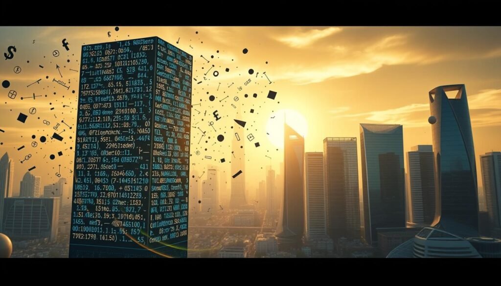 A dynamic financial revolution unfolds, centered on the blockchain. In the foreground, a towering digital ledger stands, its intricate code pulsing with energy. Surrounding it, a whirlwind of currency symbols, mathematical equations, and abstract shapes swirl, representing the transformative power of this new financial paradigm. In the middle ground, a cityscape of sleek, futuristic buildings reflects the cutting-edge innovation that blockchain technology enables. The background is bathed in a warm, golden glow, conveying a sense of optimism and progress. The scene is captured with a wide-angle lens, emphasizing the grand scale and scope of this financial revolution powered by blockchain. Uma revolução financeira dinâmica se desenrola, centrada no blockchain. Em primeiro plano, um imponente livro-razão digital se ergue, com seu código intrincado pulsando com energia. Ao seu redor, um turbilhão de símbolos monetários, equações matemáticas e formas abstratas gira, representando o poder transformador desse novo paradigma financeiro. No centro, uma paisagem urbana de edifícios elegantes e futuristas reflete a inovação de ponta que a tecnologia blockchain possibilita. O fundo é banhado por um brilho dourado e quente, transmitindo uma sensação de otimismo e progresso. A cena é capturada com uma lente grande angular, enfatizando a grande escala e o alcance dessa revolução financeira impulsionada pelo blockchain.