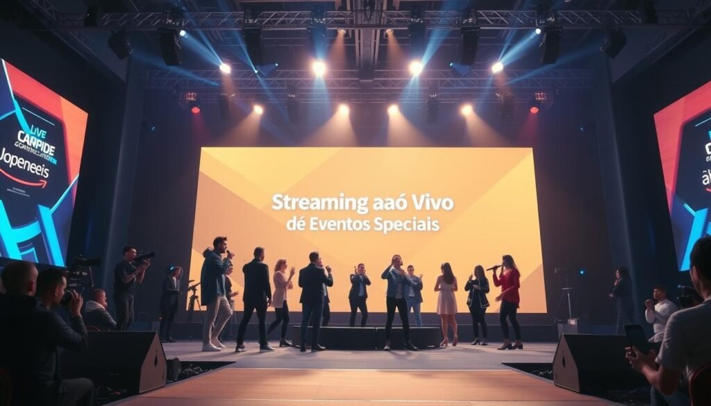 A dynamic live event stage with a vibrant digital backdrop showcasing a captivating live stream. The foreground features a large LED screen displaying the event's title, "Streaming ao Vivo de Eventos Especiais", with sleek modern graphics. In the middle ground, a group of presenters, performers, or speakers are energetically engaging the audience, their movements captured by high-quality cameras. The background immerses the scene in a cutting-edge, tech-forward environment, with subtle lighting effects and a futuristic ambiance that heightens the sense of a visually stunning, professionally produced live streaming experience. Um palco dinâmico para eventos ao vivo com um fundo digital vibrante exibindo uma transmissão ao vivo cativante. No primeiro plano, há uma grande tela de LED exibindo o título do evento, "Streaming ao Vivo de Eventos Especiais", com gráficos modernos e elegantes. No plano intermediário, um grupo de apresentadores, artistas ou palestrantes está engajando energeticamente o público, seus movimentos capturados por câmeras de alta qualidade. O fundo imerge a cena em um ambiente avançado e tecnológico, com efeitos de iluminação sutis e uma atmosfera futurista que aumenta a sensação de uma experiência de transmissão ao vivo visualmente impressionante e produzida de forma profissional.
