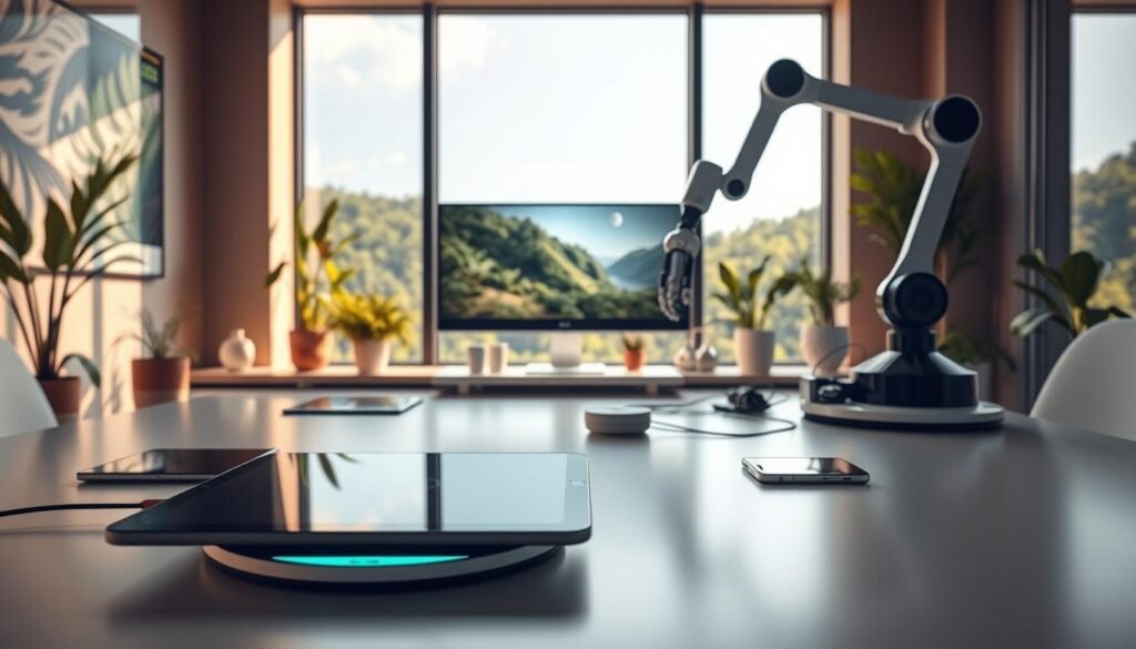 A futuristic and eco-friendly workspace featuring a sleek, minimalist desk with a variety of sustainable gadgets and devices. In the foreground, a touchscreen tablet and a wireless charging pad for mobile devices. In the middle ground, a compact desktop computer with an energy-efficient LED display and a robotic arm for automated tasks. The background showcases natural elements like potted plants and a large window overlooking a lush, green landscape, bathed in warm, natural lighting. The overall scene conveys a sense of harmony between technology and the environment, reflecting the concept of "Gadgets Sustentáveis Eco-Friendly." Um ambiente de trabalho futurista e ecológico com uma mesa minimalista elegante, equipada com uma variedade de dispositivos e gadgets sustentáveis. Em primeiro plano, um tablet touchscreen e um carregador sem fio para dispositivos móveis. No meio, um computador desktop compacto com uma tela LED energeticamente eficiente e um braço robótico para tarefas automatizadas. O fundo apresenta elementos naturais como plantas em vasos e uma grande janela com vista para uma paisagem verdejante, iluminada por uma luz natural suave. A cena geral transmite uma sensação de harmonia entre tecnologia e meio ambiente, refletindo o conceito de "Gadgets Sustentáveis Eco-Friendly."