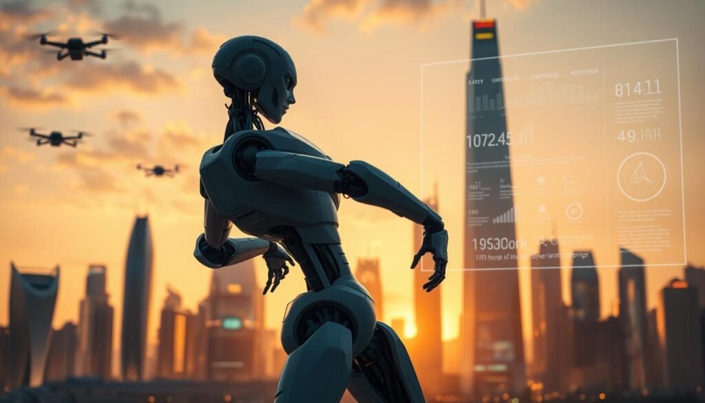 A futuristic cityscape at dusk, with sleek, angular robotic forms standing vigil amidst gleaming towers and hovering drones. In the foreground, a humanoid robot engages in an intricate, kinetic dance, its movements precise and fluid, embodying the harmonious union of technology and ethics. Ambient lighting casts a warm, contemplative glow, highlighting the interplay between the organic and the artificial. In the background, a transparent interface displays data visualizations and safety protocols, underscoring the importance of responsible robotics and AI governance. The scene evokes a sense of technological progress tempered by a deep consideration of the societal and moral implications of advanced robotics. A futuristic cityscape at dusk, with sleek, angular robotic forms standing vigil amidst gleaming towers and hovering drones. In the foreground, a humanoid robot engages in an intricate, kinetic dance, its movements precise and fluid, embodying the harmonious union of technology and ethics. Ambient lighting casts a warm, contemplative glow, highlighting the interplay between the organic and the artificial. In the background, a transparent interface displays data visualizations and safety protocols, underscoring the importance of responsible robotics and AI governance. The scene evokes a sense of technological progress tempered by a deep consideration of the societal and moral implications of advanced robotics.