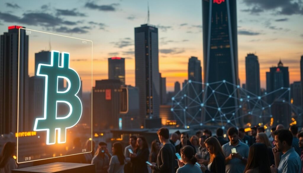 A futuristic cityscape at twilight, with skyscrapers and neon lights casting a glow over a bustling financial district. In the foreground, a holographic display projects the Bitcoin logo, its digital currency symbols floating and pulsing with energy. In the middle ground, a crowd of people, their faces illuminated by the glow of their smartphones, engage in animated discussions about the latest cryptocurrency trends. In the background, a network of interconnected blockchain nodes forms a visually striking backdrop, resembling a decentralized web of financial transactions. The scene is bathed in a warm, ethereal light, conveying a sense of excitement and innovation surrounding the world of Bitcoin and digital assets. Uma paisagem urbana futurista ao entardecer, com arranha-céus e luzes de neon lançando um brilho sobre um movimentado distrito financeiro. Em primeiro plano, um display holográfico projeta o logotipo do Bitcoin, com seus símbolos de moeda digital flutuando e pulsando com energia. No centro, uma multidão de pessoas, com os rostos iluminados pelo brilho de seus smartphones, participa de animadas discussões sobre as últimas tendências em criptomoedas. Ao fundo, uma rede de nós de blockchain interconectados forma um cenário visualmente impressionante, assemelhando-se a uma rede descentralizada de transações financeiras. A cena é banhada por uma luz quente e etérea, transmitindo uma sensação de entusiasmo e inovação em torno do mundo do Bitcoin e dos ativos digitais.