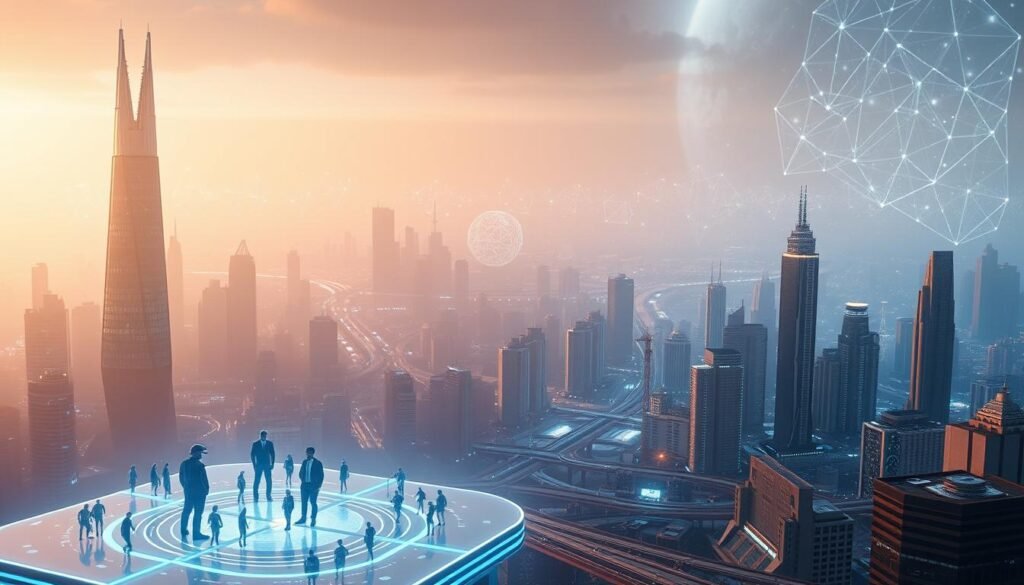 A futuristic cityscape, illuminated by the ethereal glow of virtual reality. In the foreground, a holographic display showcases the boundless possibilities of the metaverse, with digital avatars interacting in a seamless digital realm. The middle ground features a bustling urban landscape, with towering skyscrapers and advanced transportation systems, all powered by immersive virtual technology. In the background, a vast, limitless expanse of abstract, geometric shapes and patterns, representing the infinite potential of the metaverse to transcend the physical world. Soft, warm lighting casts a dreamlike atmosphere, blurring the lines between reality and the virtual world. The scene conveys a sense of wonder, innovation, and the transformative power of the metaverse, the new frontier of virtual reality. Você Está Preparado? O Metaverso Já Está Entre Nós
