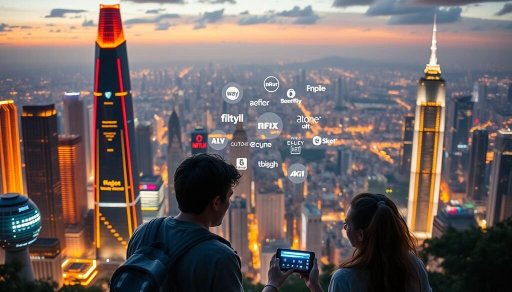 A futuristic cityscape in 2024, with skyscrapers and advanced architecture bathed in a warm, vibrant glow. In the foreground, a group of young people sharing a streaming device, their faces illuminated by the screen's blue light. In the middle ground, a collection of streaming service logos float ethereally, hinting at the evolution of content distribution. The background is a panoramic view of the city, with hints of new technology and innovation visible on the horizon. The scene conveys a sense of progress, connectivity, and the changing landscape of the streaming industry. Uma paisagem urbana futurista em 2024, com arranha-céus e uma arquitetura avançada banhados por um brilho quente e vibrante. Em primeiro plano, um grupo de jovens compartilhando um dispositivo de streaming, seus rostos iluminados pela luz azul da tela. No meio, uma coleção de logotipos de serviços de streaming flutua etérea, insinuando a evolução da distribuição de conteúdo. Ao fundo, uma vista panorâmica da cidade, com indícios de novas tecnologias e inovações visíveis no horizonte. A cena transmite uma sensação de progresso, conectividade e a mudança na paisagem da indústria de streaming.