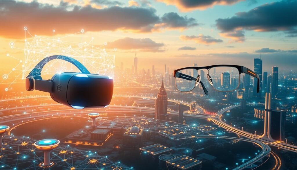 A futuristic landscape depicting the essential technologies of the Metaverse. In the foreground, a virtual reality headset and a pair of augmented reality glasses float, emitting holographic projections. In the middle ground, a complex network of interconnected devices and platforms swirl with data streams and digital interfaces. In the background, a city skyline shimmers with the glow of towering skyscrapers and advanced infrastructure, hinting at the immersive and integrated nature of the Metaverse. The scene is bathed in a warm, ethereal light, conveying a sense of wonder and technological innovation. A futuristic landscape depicting the essential technologies of the Metaverse. In the foreground, a virtual reality headset and a pair of augmented reality glasses float, emitting holographic projections. In the middle ground, a complex network of interconnected devices and platforms swirl with data streams and digital interfaces. In the background, a city skyline shimmers with the glow of towering skyscrapers and advanced infrastructure, hinting at the immersive and integrated nature of the Metaverse. The scene is bathed in a warm, ethereal light, conveying a sense of wonder and technological innovation.