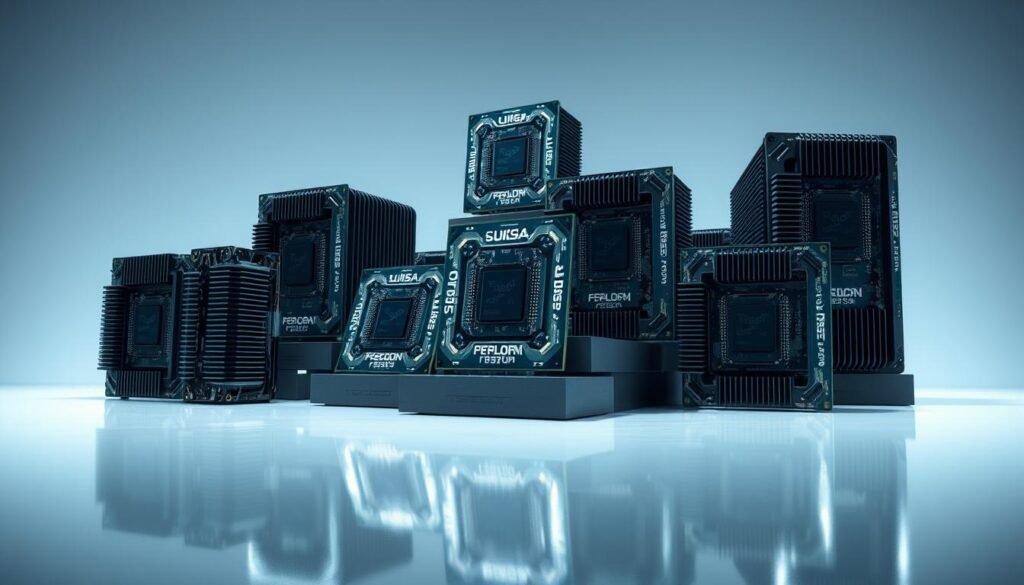 A gleaming array of the latest high-performance computer processors, their intricate heatsinks and circuitry shimmering under crisp studio lighting. The sleek, angular designs suggest cutting-edge technology and raw computational power. The processors are arranged in a dramatic, asymmetric composition, with some elevated on platforms to create depth and visual interest. The background is a clean, minimalist environment, allowing the processors to take center stage and showcase their technical prowess. Subtle reflections on a smooth, reflective surface heighten the sense of precision and sophistication. An atmosphere of innovation and technological advancement permeates the scene.