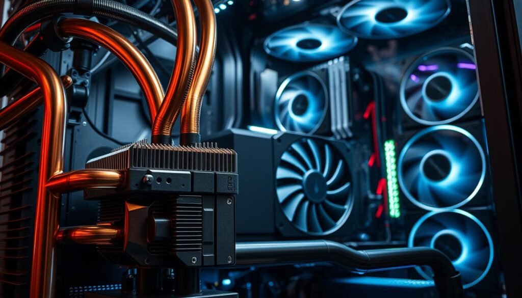 A high-performance PC cooling system with intricate heat sinks, radiators, and fans. The foreground showcases a detailed liquid cooling loop, with shiny copper pipes and sleek, angular blocks. In the middle ground, a powerful GPU is visible, its heatsink adorned with intricate fin patterns. The background features a clean, modern PC case, with tempered glass panels revealing the internals. Bright, directional lighting illuminates the components, creating dramatic shadows and highlights. The overall atmosphere conveys a sense of advanced, efficient thermal management for the ultimate gaming rig.