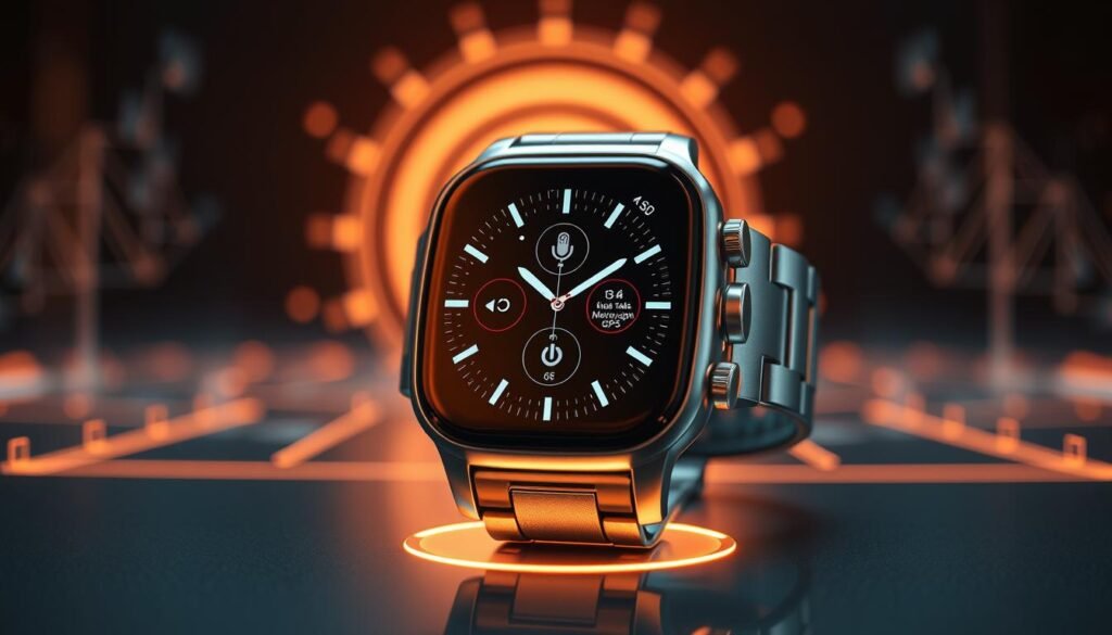 A high-tech smartwatch display with a sleek, futuristic design. A crystal-clear OLED screen showcases advanced features like heart rate monitoring, GPS tracking, and voice controls. The brushed metal casing reflects a warm, ambient lighting, creating a premium, cutting-edge aesthetic. In the background, a subtle holographic interface shimmers, hinting at the watch's sophisticated AI capabilities. The entire scene is captured with a shallow depth of field, emphasizing the watch's central role as the pinnacle of wearable technology. Inacreditável: Os Gadgets do Futuro Já Estão Entre Nós!