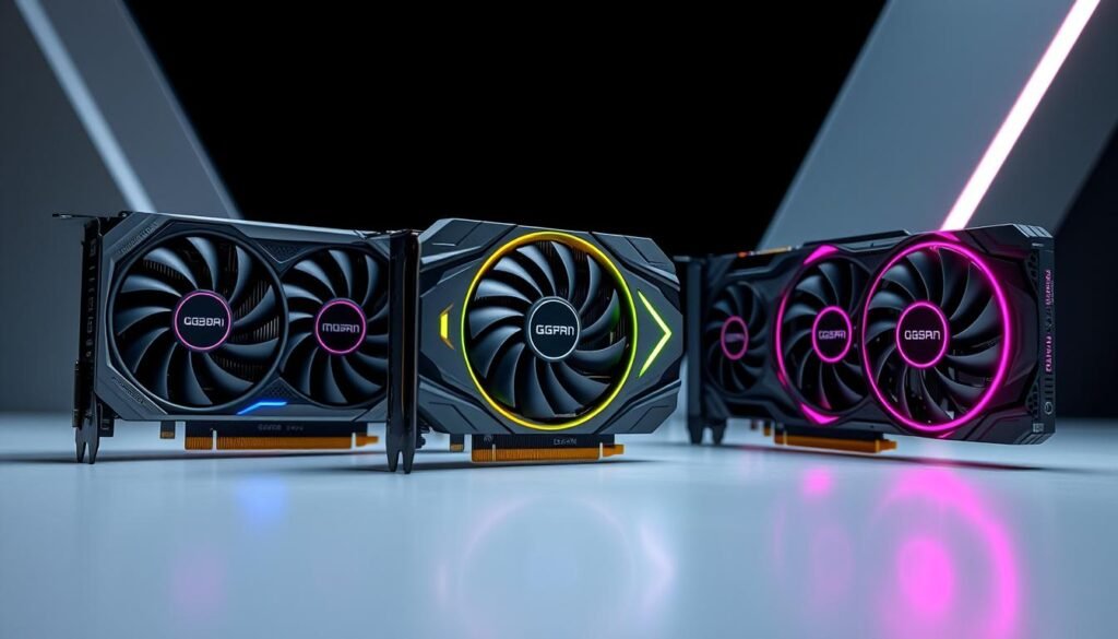 A highly detailed, close-up shot of the latest and most advanced GPUs designed for high-performance graphics. The GPUs are set against a sleek, minimalist backdrop, with a focus on their intricate cooling systems, cutting-edge architecture, and polished metallic exteriors. The lighting is crisp and directional, highlighting the GPUs' sharp edges and vibrant, RGB-infused accents. The composition emphasizes the power and technological sophistication of these graphics cards, conveying a sense of state-of-the-art gaming and multimedia capabilities.