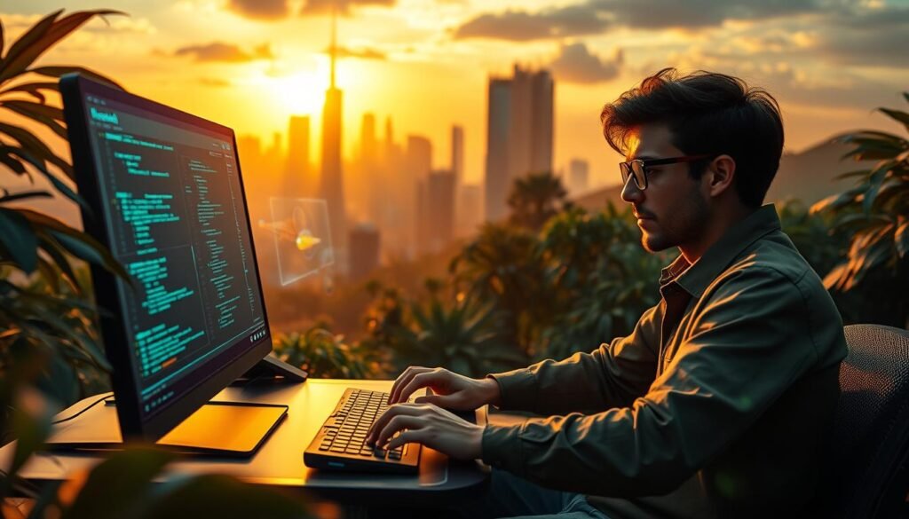 A lush, vibrant landscape with a dynamic programmer diligently coding at a sleek, futuristic workstation, surrounded by swirling data streams and glowing holographic displays. The scene is bathed in warm, diffused lighting, creating a sense of focus and productivity. The programmer's expression is one of intense concentration, their fingers flying across the keyboard as they rapidly bring their programming skills to life. In the background, a towering city skyline reflects the promise of technological advancement and financial prosperity. The overall atmosphere conveys a message of "Rapid Programming Learning" - a harmonious blend of human ingenuity, cutting-edge technology, and the pursuit of professional success. Programming is paying a lot. Here's how to get started!