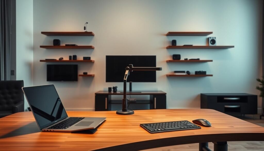 A minimalist and elegant home office setup with sleek, state-of-the-art technology. In the foreground, a modern, ergonomic desk with a high-performance laptop, wireless mouse, and keyboard. On the desk, a tablet and stylus for seamless note-taking and digital collaboration. In the middle ground, a large, high-resolution monitor mounted on an adjustable arm, casting a soft, even light across the workspace. In the background, a simple, monochromatic wall with floating shelves displaying various productivity-enhancing gadgets and devices. The overall atmosphere is one of efficiency, focus, and technological sophistication, perfectly capturing the essence of "Maximizing Productivity with Technology" in the home office setting.