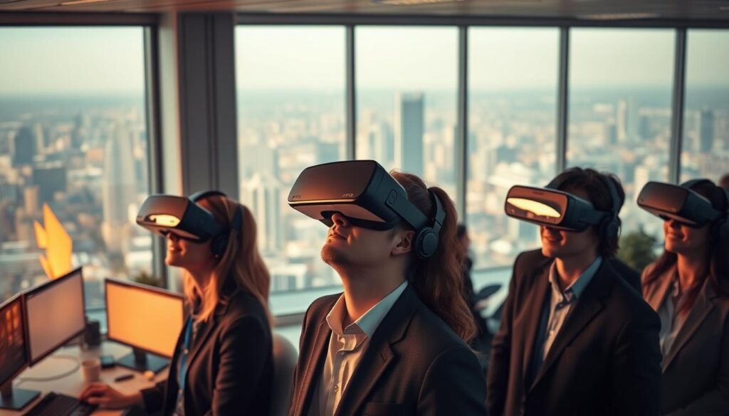 A modern corporate office, bathed in warm, diffused lighting. In the foreground, a group of executives immersed in virtual reality headsets, their expressions focused and engaged. The middle ground reveals workstations and collaboration spaces, where colleagues interact seamlessly across physical and digital realms. In the background, a sprawling cityscape frames the scene, symbolizing the integration of virtual and real-world business environments. The atmosphere conveys a sense of innovation, productivity, and the future of corporate reality, where the boundaries between the physical and digital are blurred. Um escritório corporativo moderno, banhado por uma iluminação suave e difusa. Em primeiro plano, um grupo de executivos imersos em óculos de realidade virtual, com expressões focadas e engajadas. O centro revela estações de trabalho e espaços de colaboração, onde os colegas interagem perfeitamente entre os mundos físico e digital. Ao fundo, uma paisagem urbana ampla emoldura a cena, simbolizando a integração dos ambientes de negócios virtuais e reais. A atmosfera transmite uma sensação de inovação, produtividade e o futuro da realidade corporativa, onde as fronteiras entre o físico e o digital se confundem.