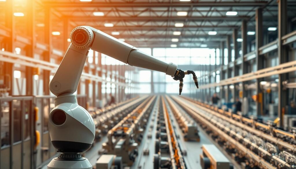 A modern industrial facility, bathed in warm, diffused lighting. In the foreground, a cobot, its sleek, articulated arms moving with precision, effortlessly assisting a human worker. The cobot's movements are fluid and harmonious, reflecting the seamless collaboration between man and machine. In the middle ground, rows of state-of-the-art machinery hum with activity, their metallic surfaces gleaming. The background reveals an expansive, organized workspace, with high ceilings and large windows allowing natural light to filter in, creating a sense of openness and efficiency. The overall atmosphere conveys the power of robotic automation to transform the industrial landscape, elevating productivity and safety without compromising the human element. A modern industrial facility, bathed in warm, diffused lighting. In the foreground, a cobot, with its elegant articulated arms moving with precision, effortlessly assists a human worker. The cobot's movements are fluid and harmonious, reflecting the perfect collaboration between man and machine. In the middle, rows of state-of-the-art machines buzz with activity, their metallic surfaces gleaming. The background reveals a large, organized workspace, with high ceilings and large windows allowing natural light in, creating a sense of openness and efficiency. The overall atmosphere conveys the power of robotic automation to transform the industrial landscape, raising productivity and safety without compromising the human element.