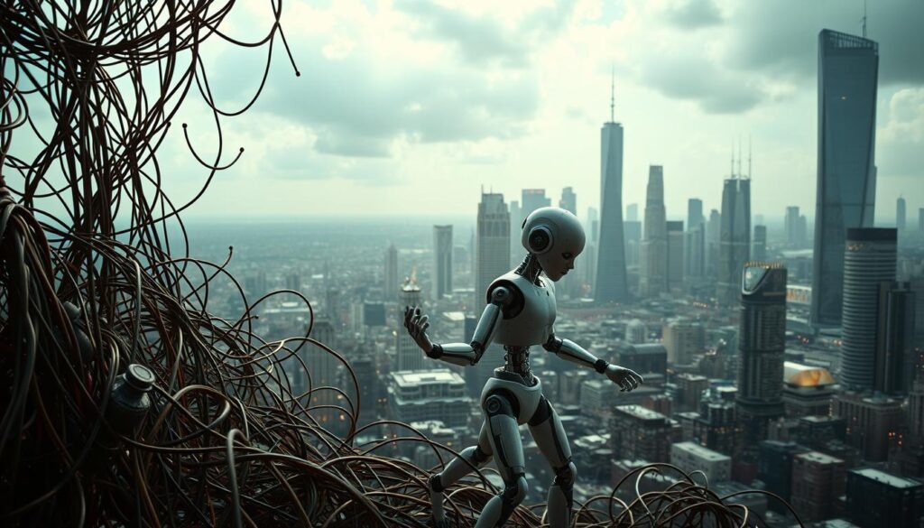 A panoramic vista of the evolution of artificial intelligence, depicted through a series of scenes. In the foreground, a tangle of wires and circuits represent the early pioneering days of AI, with glimpses of iconic computing devices like ENIAC and the first neural networks. In the middle ground, lifelike humanoid robots engage in complex tasks, symbolizing the rapid advancements in machine learning and natural language processing. The background features a towering futuristic cityscape, its skyscrapers and infrastructure infused with the latest AI-powered technologies, hinting at the transformative potential of this field. The lighting is a mix of warm and cool tones, creating a sense of timelessness and technological progression. The overall scene conveys the rich history, current state, and boundless future of artificial intelligence. 7 Surprising Facts About Artificial Intelligence