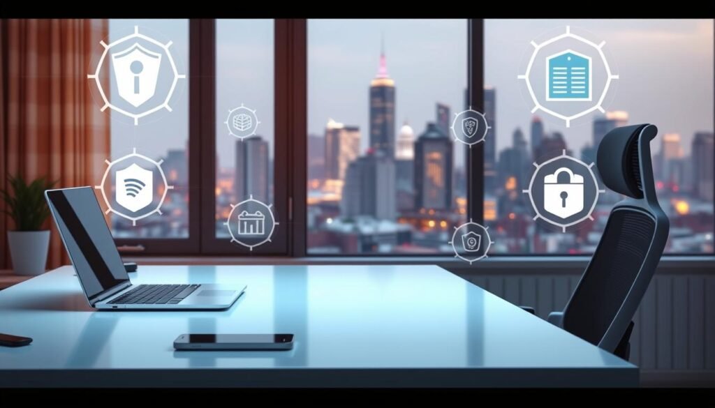 A secure digital home office setup with a laptop, mobile phone, and security-focused applications. A professional, focused atmosphere with a minimalist desk, modern ergonomic chair, and soft, even lighting. In the background, a city skyline representing the remote work connectivity. Subtle cybersecurity icons and data protection symbols convey the importance of digital safety. An air of productivity, privacy, and peace of mind permeates the scene.