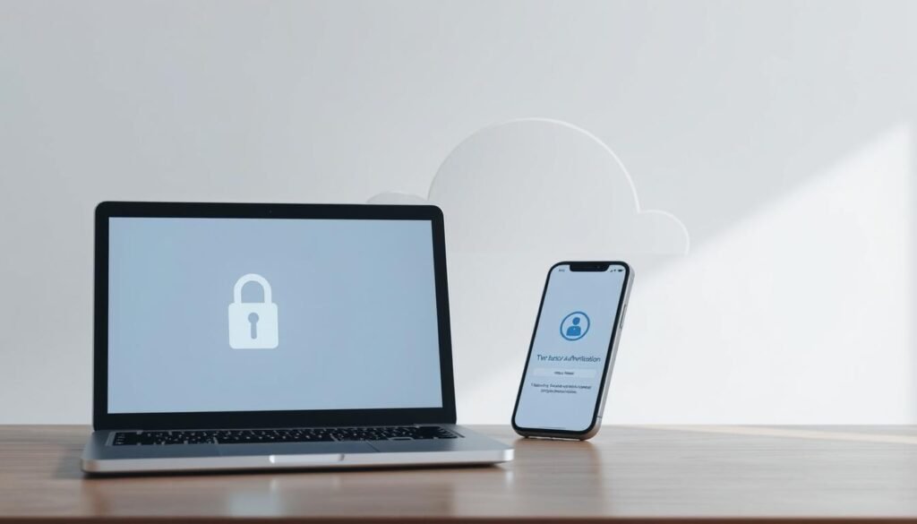 A serene and minimalist scene depicting security best practices for cloud account protection. In the foreground, a laptop displaying a lock icon, symbolizing secure login. In the middle ground, a smartphone with a two-factor authentication app, emphasizing the importance of multi-factor authentication. In the background, a stylized cloud formation, representing the cloud computing environment. The scene is illuminated by a soft, natural light, creating a calming and trustworthy atmosphere. The overall composition conveys the message of safeguarding digital assets in the cloud through responsible security measures. Uma cena serena e minimalista retratando as melhores práticas de segurança para a proteção de contas na nuvem. Em primeiro plano, um laptop exibindo um ícone de cadeado, simbolizando um login seguro. No meio, um smartphone com um aplicativo de autenticação de dois fatores, enfatizando a importância da autenticação multifator. Ao fundo, uma formação de nuvem estilizada, representando o ambiente de computação em nuvem. A cena é iluminada por uma luz suave e natural, criando uma atmosfera calma e confiável. A composição geral transmite a mensagem de proteger ativos digitais na nuvem por meio de medidas de segurança responsáveis.