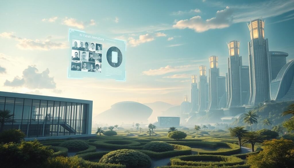 A serene, futuristic landscape depicting the intersection of artificial intelligence and the preservation of human memory. In the foreground, a sleek, minimalist building with clean lines and a glass facade reflects the sky and surrounding environment. Hovering above it, a holographic display showcases fragmented memories, hinting at the advanced technology used to safeguard the past. The middle ground features lush, verdant gardens with winding paths, symbolizing the organic integration of nature and technology. In the distance, towering structures with glowing panels suggest a vibrant, interconnected metropolis where AI and memory coexist harmoniously. The overall scene conveys a sense of balance, innovation, and the profound implications of preserving our collective experiences through the lens of artificial intelligence. Um vasto e complexo sistema de aprendizado de máquina, com seu funcionamento interno obscuro, é imponente, projetando uma longa sombra sobre uma paisagem urbana movimentada. Engrenagens e circuitos intrincados, brilhando com uma luz sinistra, revelam uma visão oculta, um algoritmo preconceituoso profundamente arraigado. No primeiro plano, uma multidão diversificada de pessoas, com os rostos marcados pela preocupação, olha para a imponente IA, com expressões que transmitem uma sensação de desconforto e desconfiança. A cena é banhada por uma luz fria, de tonalidade azulada, que cria um ar de mistério e inquietação. A atmosfera geral evoca a sensação do poder desenvolvido pela inteligência artificial e a necessidade de escrutinar seu funcionamento interno em busca de vidas ocultas que podem perpetuar as desigualdades sociais.