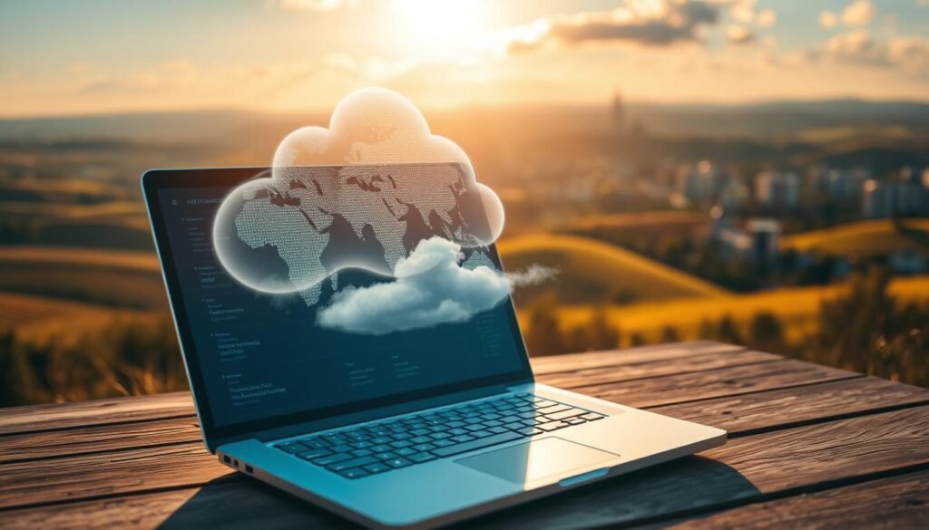 A serene, sun-dappled scene depicting the technology of cloud computing and remote access. In the foreground, a transparent, holographic interface hovers above a sleek, silver laptop, its screen displaying a detailed map of global data centers. The middle ground features a serene, floating cloud formation, its wispy tendrils extending towards the laptop, symbolizing the seamless integration of local and cloud-based data storage. In the background, a panoramic vista of rolling hills and a distant cityscape, bathed in warm, golden light, conveying a sense of security and accessibility. The scene is captured through a wide-angle lens, with a shallow depth of field, creating a sense of depth and focus on the central technological elements. Nuvem: Seus Dados na Nuvem Estão Seguros?