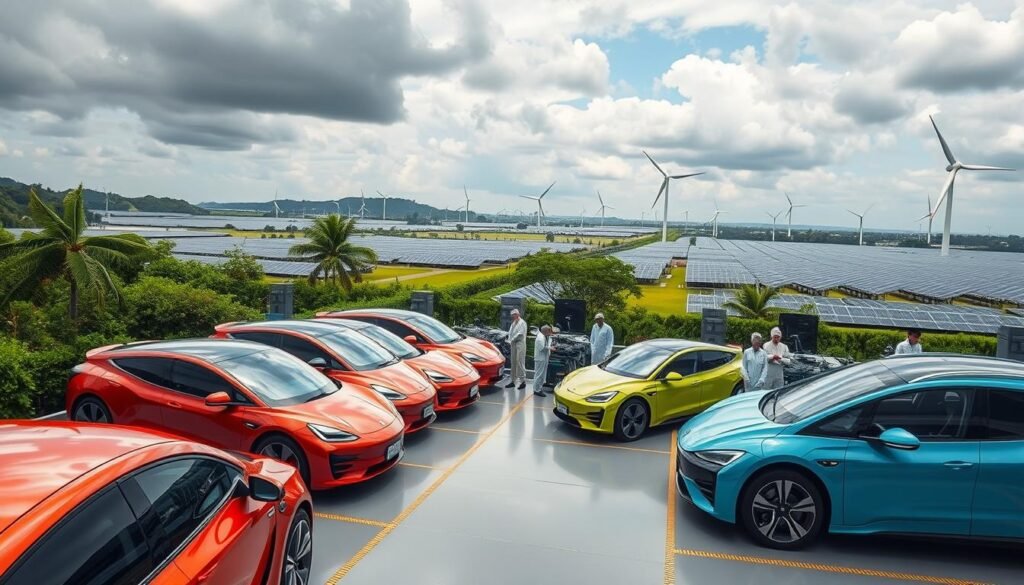 A sleek, modern electric vehicle factory nestled in the lush Brazilian countryside. In the foreground, a lineup of gleaming, aerodynamic electric cars in vibrant hues ready for delivery. In the middle ground, robotic assembly lines and technicians in clean-room attire meticulously constructing the next generation of eco-friendly automobiles. The background reveals sprawling solar arrays and wind turbines, powering the sustainable manufacturing processes. Soft, diffused lighting illuminates the scene, conveying a sense of innovation, progress, and Brazil's commitment to a greener automotive future. A sleek, modern electric vehicle factory nestled in the lush Brazilian countryside. In the foreground, a lineup of gleaming, aerodynamic electric cars in vibrant hues ready for delivery. In the middle ground, robotic assembly lines and technicians in clean-room attire meticulously constructing the next generation of eco-friendly automobiles. The background reveals sprawling solar arrays and wind turbines, powering the sustainable manufacturing processes. Soft, diffused lighting illuminates the scene, conveying a sense of innovation, progress, and Brazil's commitment to a greener automotive future.