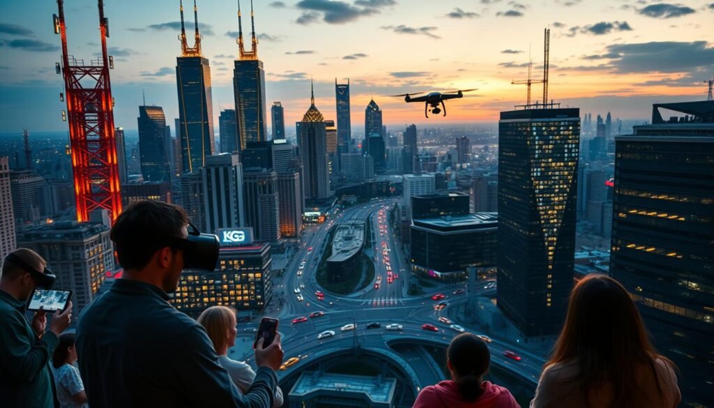 A sprawling cityscape at dusk, with towering skyscrapers bathed in the warm glow of 5G cellular antennas. In the foreground, a group of people using a variety of 5G-enabled devices - virtual reality headsets, smart home controls, and high-definition video conferencing. The middle ground features a bustling intersection with self-driving cars and drones zipping through the air, demonstrating the low-latency and high-bandwidth capabilities of the 5G network. In the background, a gleaming data center pulses with activity, representing the powerful computing infrastructure that enables the 5G ecosystem. The overall scene conveys the transformative benefits of 5G technology - increased connectivity, enhanced user experiences, and a more efficient, automated urban landscape. A sprawling cityscape at dusk, with towering skyscrapers bathed in the warm glow of 5G cellular antennas. In the foreground, a group of people using a variety of 5G-enabled devices - virtual reality headsets, smart home controls, and high-definition video conferencing. The middle ground features a bustling intersection with self-driving cars and drones zipping through the air, demonstrating the low-latency and high-bandwidth capabilities of the 5G network. In the background, a gleaming data center pulses with activity, representing the powerful computing infrastructure that enables the 5G ecosystem. The overall scene conveys the transformative benefits of 5G technology - increased connectivity, enhanced user experiences, and a more efficient, automated urban landscape.