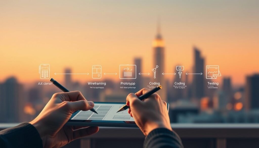 A step-by-step illustration of a mobile app development process. In the foreground, a developer's hand sketching app UI elements on a tablet with a stylus. In the middle, a simplified software development lifecycle diagram - wireframing, prototyping, coding, testing. In the background, a blurred city skyline, representing the real-world application of the developed app. Warm, soft lighting illuminates the scene, creating a serene, focused atmosphere. A minimalist, clean aesthetic emphasizes the structured, methodical nature of the development workflow.