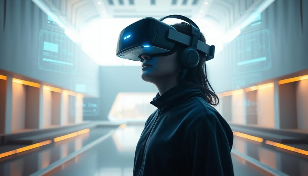 A stunning, futuristic scene of virtual reality in 2025. A user wearing a sleek, next-generation VR headset stands in a pristine, luminous environment. Holographic displays and interfaces float effortlessly around them, showcasing the latest advancements in VR technology. Subtle, ambient lighting casts a warm glow, creating a sense of immersion and wonder. The background features a minimalist, architectural landscape with clean lines and geometric shapes, hinting at the seamless integration of virtual and physical spaces. The overall mood is one of innovation, progression, and the boundless potential of virtual reality in the near future. Você Está Preparado Para a Nova Era da Realidade Virtual?