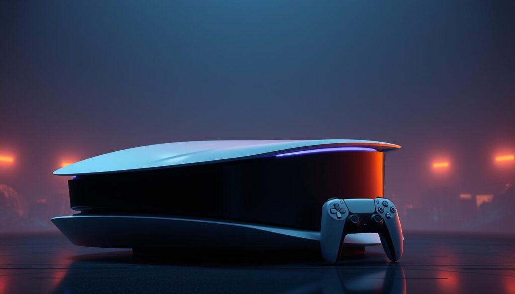 A stunning, high-resolution digital illustration of the Sony PlayStation 5 console, showcasing its sleek, futuristic design and cutting-edge technology. The console is depicted in a dimly lit, high-tech environment, with a soft, warm lighting illuminating its smooth, glossy surfaces. The image captures the console's impressive size and scale, emphasizing its powerful presence. The background features a subtle, blurred technological landscape, adding depth and context to the scene. The overall composition and lighting evoke a sense of sophistication, innovation, and the console's ability to deliver an immersive gaming experience. Veja Quais Consoles Estão Liderando a Nova Geração dos Games