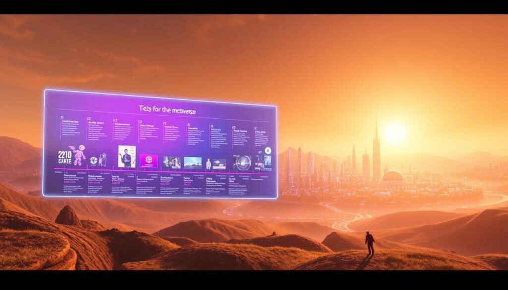 A sweeping panorama of the metaverse's history, showcasing its evolution from early virtual worlds to the immersive, interconnected digital realms of today. In the foreground, a vibrant holographic interface displays a timeline of key events, from the pioneering days of text-based MUDs to the emergence of 3D virtual environments. The middle ground features futuristic cityscapes, where avatars navigate seamless mixed-reality experiences. In the background, a serene, otherworldly landscape sets the stage, hinting at the boundless potential of the metaverse to transcend physical boundaries and redefine our understanding of reality. Warm, diffused lighting casts a dreamlike glow, evoking a sense of wonder and possibility. Captured through a wide-angle lens, the scene conveys the grand scale and transformative power of the metaverse's history and evolution. Um panorama abrangente da história do metaverso, mostrando sua evolução desde os primeiros mundos virtuais até os reinos digitais imersivos e interconectados de hoje. No primeiro plano, uma interface holográfica vibrante exibe uma linha do tempo de eventos chave, desde os dias pioneiros dos MUDs baseados em texto até o surgimento de ambientes virtuais 3D. O plano intermediário apresenta paisagens urbanas futuristas, onde avatares navegam por experiências de realidade mista sem costura. No fundo, uma paisagem serena e de outro mundo estabelece o cenário, insinuando o potencial ilimitado do metaverso para transcender limites físicos e redefinir nossa compreensão da realidade. Uma luz quente e difusa projeta um brilho onírico, evocando um sentimento de admiração e possibilidade. Capturada através de uma lente grande angular, a cena transmite a grande escala e o poder transformador da história e evolução do metaverso.