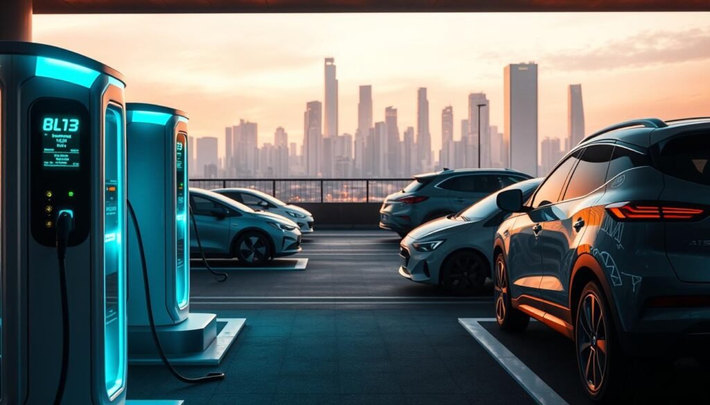 A technologically advanced electric vehicle charging station set against a backdrop of a modern city skyline. The foreground features sleek, futuristic charging ports with holographic displays and LED indicators, conveying the seamless integration of infrastructure and technology. The middle ground showcases a diverse array of electric vehicles, ranging from compact city cars to larger SUVs, all connected to the charging points. The background depicts a gleaming, high-rise cityscape, hinting at the widespread adoption of sustainable transportation. The scene is illuminated by a warm, soft lighting that creates a sense of progress and innovation, capturing the essence of the "Infraestrutura de Recarga: Desafios e Soluções" section. A technologically advanced electric vehicle charging station set against a backdrop of a modern city skyline. The foreground features sleek, futuristic charging ports with holographic displays and LED indicators, conveying the seamless integration of infrastructure and technology. The middle ground showcases a diverse array of electric vehicles, ranging from compact city cars to larger SUVs, all connected to the charging points. The background depicts a gleaming, high-rise cityscape, hinting at the widespread adoption of sustainable transportation. The scene is illuminated by a warm, soft lighting that creates a sense of progress and innovation, capturing the essence of the "Infraestrutura de Recarga: Desafios e Soluções" section.