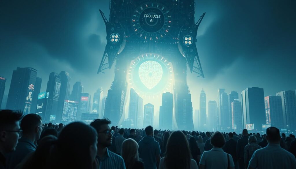 A vast, complex machine learning system, its inner workings obscured, stands tall and imposing, casting a long shadow across a bustling cityscape. Intricate gears and circuits, glowing with an eerie light, betray a hidden bias, a prejudiced algorithm embedded deep within. In the foreground, a diverse crowd of people, their faces etched with concern, gaze up at the towering AI, their expressions conveying a sense of unease and distrust. The scene is bathed in a cool, blue-tinted light, lending an air of mystery and unease. The overall atmosphere evokes a sense of the unchecked power of artificial intelligence and the need to scrutinize its inner workings for hidden biases that can perpetuate societal inequalities. Um vasto e complexo sistema de aprendizado de máquina, com seu funcionamento interno obscurecido, ergue-se imponente, projetando uma longa sombra sobre uma paisagem urbana movimentada. Engrenagens e circuitos intrincados, brilhando com uma luz sinistra, revelam um viés oculto, um algoritmo preconceituoso profundamente arraigado. Em primeiro plano, uma multidão diversificada de pessoas, com os rostos marcados pela preocupação, olha para a imponente IA, com expressões que transmitem uma sensação de desconforto e desconfiança. A cena é banhada por uma luz fria, de tonalidade azulada, que cria um ar de mistério e inquietação. A atmosfera geral evoca a sensação do poder desenfreado da inteligência artificial e a necessidade de escrutinar seu funcionamento interno em busca de vieses ocultos que podem perpetuar as desigualdades sociais.