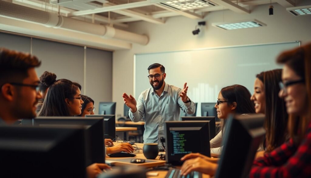 A vibrant and dynamic scene depicting the investment in programming education. In the foreground, a group of diverse students passionately engaged in coding, their faces illuminated by the glow of computer screens. In the middle ground, a teacher gestures enthusiastically, guiding the students through complex algorithms. The background showcases a modern, well-equipped classroom with state-of-the-art technology, symbolizing the investment in this crucial field. Soft, warm lighting creates a sense of focus and dedication, while the overall composition conveys the potential for financial returns through skilled programming expertise. Uma cena vibrante e dinâmica que retrata o investimento na educação em programação. No primeiro plano, um grupo de estudantes diversos engajados apaixonadamente na codificação, seus rostos iluminados pelo brilho das telas de computador. No plano intermediário, um professor gesticula entusiasticamente, orientando os alunos através de algoritmos complexos. O fundo destaca uma sala de aula moderna e bem equipada com tecnologia de ponta, simbolizando o investimento neste campo crucial. A iluminação suave e quente cria uma sensação de foco e dedicação, enquanto a composição geral transmite o potencial de retornos financeiros através da expertise em programação.
