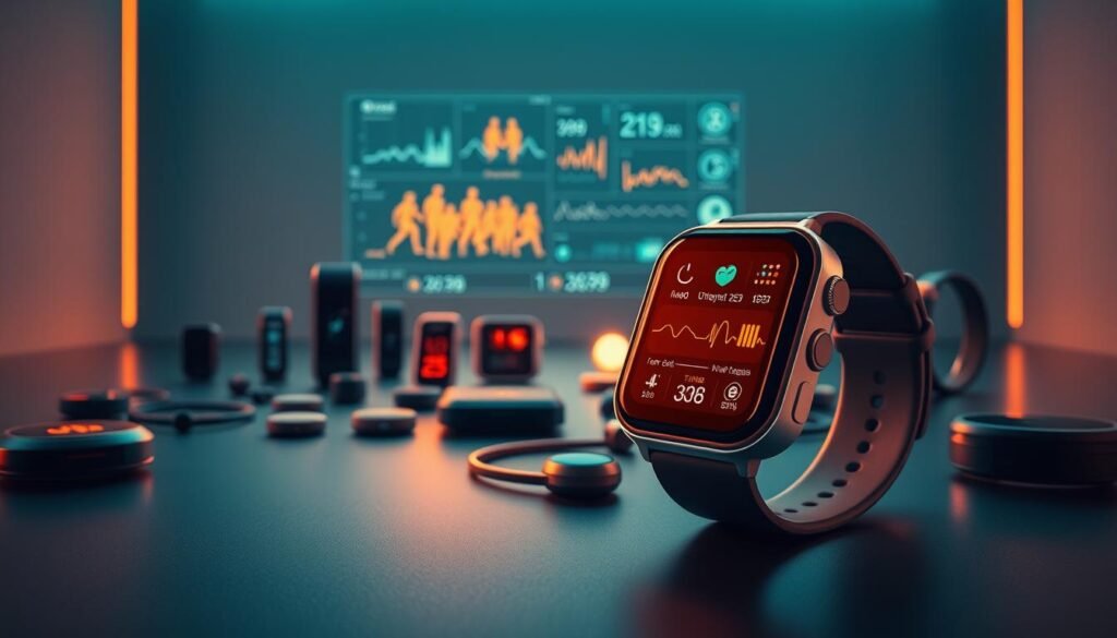 A vibrant and futuristic scene of cutting-edge wearable health monitoring devices. In the foreground, a sleek smartwatch displays real-time biometric data, its display shimmering under warm studio lighting. Behind it, a collection of compact, seamlessly integrated sensors and trackers arranged in an aesthetically pleasing composition, radiating a sense of technological sophistication. The middle ground features a holographic interface, projecting a detailed visualization of the wearer's vital signs and wellness metrics. In the background, a minimalist, high-tech environment with clean lines and muted tones sets the stage for this impressive array of next-generation health-monitoring wearables. Uma cena vibrante e futurista de dispositivos de monitoramento de saúde vestíveis de ponta. Em primeiro plano, um elegante smartwatch exibe dados biométricos em tempo real, seu display brilhando sob a iluminação quente do estúdio. Atrás dele, uma coleção de sensores e rastreadores compactos, integrados de forma harmoniosa, dispostos em uma composição esteticamente agradável, irradiando uma sensação de sofisticação tecnológica. O plano médio apresenta uma interface holográfica, projetando uma visualização detalhada dos sinais vitais e das métricas de bem-estar do usuário. Ao fundo, um ambiente minimalista e de alta tecnologia, com linhas limpas e tons suaves, prepara o cenário para essa impressionante gama de dispositivos de monitoramento de saúde da próxima geração.