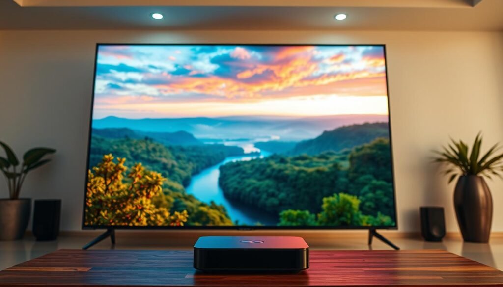 A vibrant, high-definition display showcasing the quality of streaming video. In the foreground, a large, ultra-sharp screen displays a captivating nature scene, with lush foliage, a tranquil river, and a breathtaking sunset sky. The image boasts vivid colors, deep blacks, and exceptional detail, capturing the nuances of the landscape. In the middle ground, a sleek, modern streaming device blends seamlessly into the environment, highlighting its ability to deliver premium-quality content. The background features a minimalist, elegant interior, with soft, even lighting accentuating the display's clarity and contrast. The overall scene conveys a sense of immersion, inviting the viewer to experience the streaming platform's superior audio and visual fidelity. Streaming: Secrets to a Top Experience