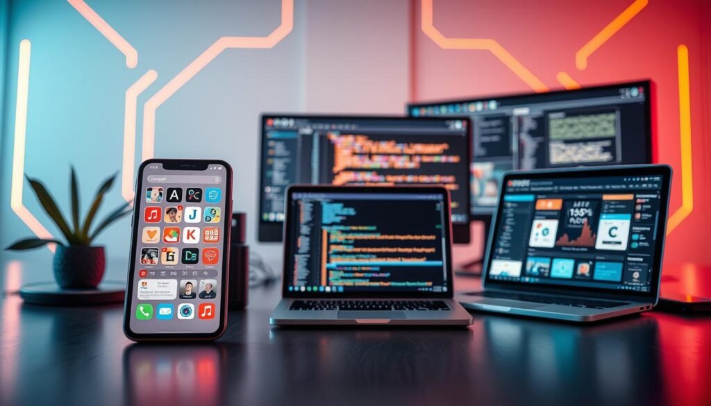 Uma cena vibrante de plataformas modernas de desenvolvimento de aplicativos, exibindo uma variedade de dispositivos e interfaces de usuário. Em primeiro plano, um smartphone e um tablet elegantes exibem designs complexos de aplicativos móveis, com suas telas iluminadas por uma iluminação suave e aconchegante. No centro, um laptop e um computador de mesa apresentam diversos ambientes de codificação e ferramentas de software, sugerindo o trabalho nos bastidores. O fundo apresenta um cenário minimalista, inspirado na tecnologia, com linhas limpas e formas geométricas, criando uma sensação de profundidade e elegância futurista. A composição geral transmite a eficiência, a versatilidade e a inovação das plataformas contemporâneas de desenvolvimento de aplicativos.
