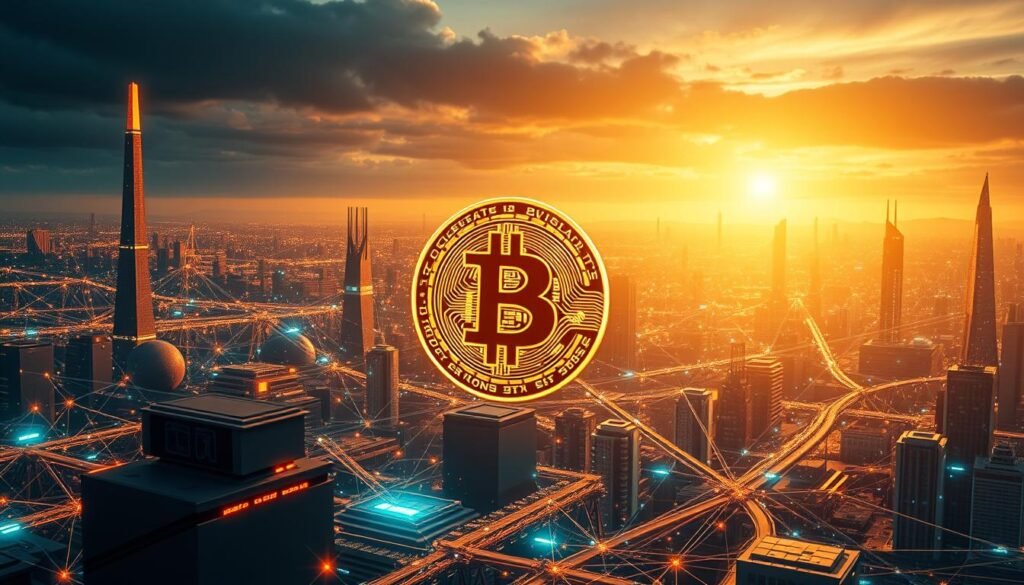 A vibrant visual journey through the evolution of blockchain and Bitcoin. In the foreground, a sleek, futuristic Bitcoin symbol emerges, its edges shimmering with an iridescent glow. Surrounding it, a complex network of interconnected blocks and nodes, each pulsing with dynamic energy, symbolizing the growth and interconnectivity of the blockchain ecosystem. In the background, a vast landscape of towering, geometric structures represents the technological advancements and widespread adoption of this revolutionary technology. The scene is bathed in a warm, golden light, evoking a sense of progress, innovation, and the transformative power of this digital revolution. The overall composition conveys a captivating blend of cutting-edge technology, financial innovation, and the unstoppable march of technological evolution. Blockchain Vai Substituir o Dinheiro Tradicional?