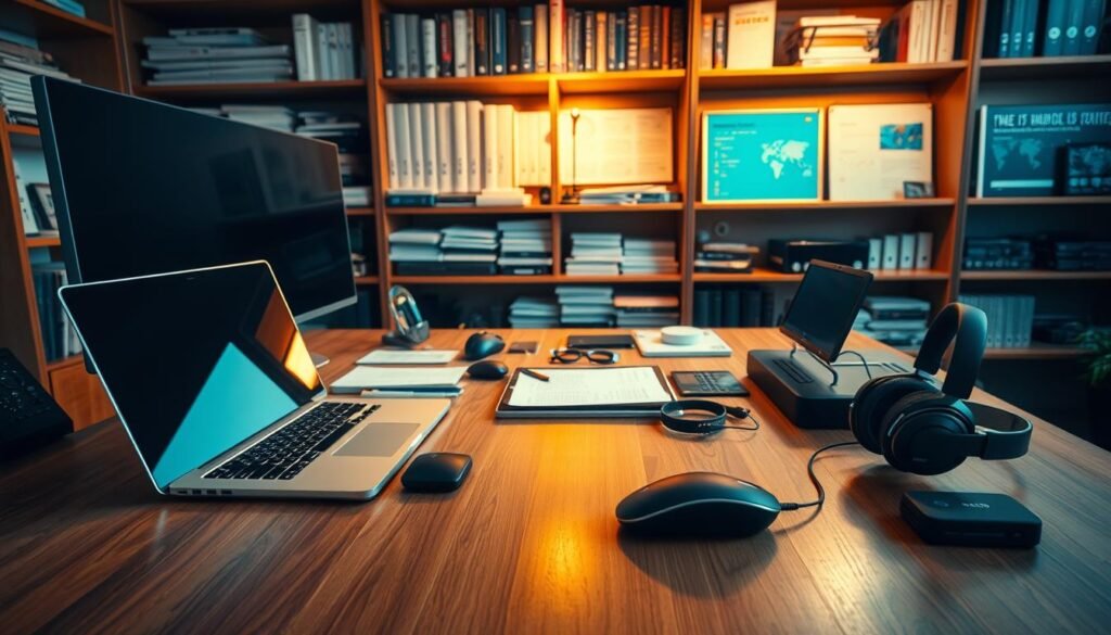 A well-lit workspace with an array of modern data analysis tools arranged neatly on a sleek wooden desk. In the foreground, a powerful laptop, a high-resolution monitor, and a sophisticated mouse. In the middle ground, various external hard drives, a digital tablet, and a state-of-the-art noise-cancelling headset. In the background, shelves filled with technical manuals, coding reference books, and data visualization software. The scene is bathed in a warm, focused light, creating a sense of productivity and efficiency. The overall atmosphere is one of a professional, technology-driven data analysis environment. Um espaço de trabalho bem iluminado com uma variedade de ferramentas modernas de análise de dados dispostas de forma organizada em uma mesa de madeira elegante. Em primeiro plano, um laptop potente, um monitor de alta resolução e um mouse sofisticado. No fundo, vários discos rígidos externos, um tablet digital e um fone de ouvido com cancelamento de ruído de última geração. Ao fundo, prateleiras recheadas com manuais técnicos, livros de referência em programação e software de visualização de dados. A cena é banhada em uma luz quente e focada, criando uma sensação de produtividade e eficiência. A atmosfera geral é a de um ambiente profissional e orientado pela tecnologia para análise de dados.