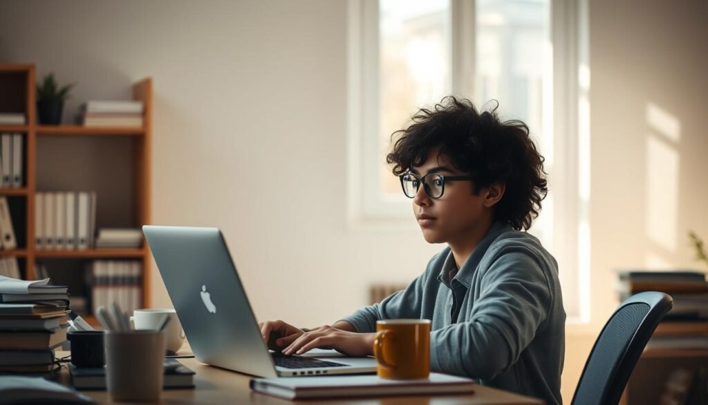 A young programmer sitting at a desk, intently focused on their laptop, surrounded by books, coffee mug, and other programming tools. The workspace is well-lit, with natural light streaming in through a window, casting a warm glow on the scene. The programmer's expression conveys a sense of determination and enthusiasm as they take their first steps into the world of coding. The background features a minimalist, modern decor, hinting at a professional, yet comfortable work environment. The overall atmosphere is one of diligence, curiosity, and the excitement of embarking on a new career path. Um jovem programador sentado em uma mesa, concentrado em seu laptop, cercado por livros, uma caneca de café e outras ferramentas de programação. O espaço de trabalho é bem iluminado, com luz natural entrando pela janela, lançando um brilho warm no ambiente. A expressão do programador transmite um senso de determinação e entusiasmo enquanto ele dá seus primeiros passos no mundo da codificação. O fundo apresenta uma decoração minimalista e moderna, sugerindo um ambiente de trabalho profissional, mas confortável. A atmosfera geral é de diligência, curiosidade e a empolgação de embarcar em uma nova carreira.