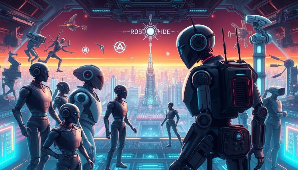 An intricate, futuristic illustration depicting the "História da Robótica" (History of Robotics). In the foreground, showcase a diverse array of historical robotic designs, ranging from early mechanical automata to modern humanoid forms. The middle ground should feature key technological advancements and milestones that have shaped the field, such as control systems, sensors, and actuation mechanisms. In the background, depict a panoramic view of a gleaming, high-tech cityscape, symbolizing the integration of robotics into our daily lives. Capture a sense of wonder, innovation, and the seamless blend of science fiction and reality. Utilize a vibrant, neon-infused color palette with dramatic lighting to convey the dynamic and ever-evolving nature of this fascinating discipline. An intricate, futuristic illustration depicting the "História da Robótica" (History of Robotics). In the foreground, showcase a diverse array of historical robotic designs, ranging from early mechanical automata to modern humanoid forms. The middle ground should feature key technological advancements and milestones that have shaped the field, such as control systems, sensors, and actuation mechanisms. In the background, depict a panoramic view of a gleaming, high-tech cityscape, symbolizing the integration of robotics into our daily lives. Capture a sense of wonder, innovation, and the seamless blend of science fiction and reality. Utilize a vibrant, neon-infused color palette with dramatic lighting to convey the dynamic and ever-evolving nature of this fascinating discipline.