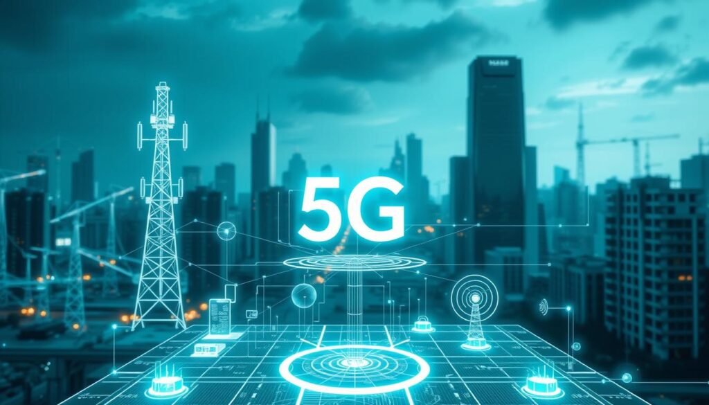 Detailed technical illustration of 5G mobile network technology and generational evolution of cellular internet connectivity. A futuristic cityscape in the background with skyscrapers and urban infrastructure, while the foreground features wireframe diagrams, data visualizations, and schematic representations of 5G network architecture, transmission towers, radio waves, and device connectivity. The scene is illuminated by a cool, ethereal blue-green lighting scheme, conveying a sense of advanced, cutting-edge technology. The overall composition has a sleek, minimalist aesthetic with a focus on technical precision and innovation. Detailed technical illustration of 5G mobile network technology and generational evolution of cellular internet connectivity. A futuristic cityscape in the background with skyscrapers and urban infrastructure, while the foreground features wireframe diagrams, data visualizations, and schematic representations of 5G network architecture, transmission towers, radio waves, and device connectivity. The scene is illuminated by a cool, ethereal blue-green lighting scheme, conveying a sense of advanced, cutting-edge technology. The overall composition has a sleek, minimalist aesthetic with a focus on technical precision and innovation.