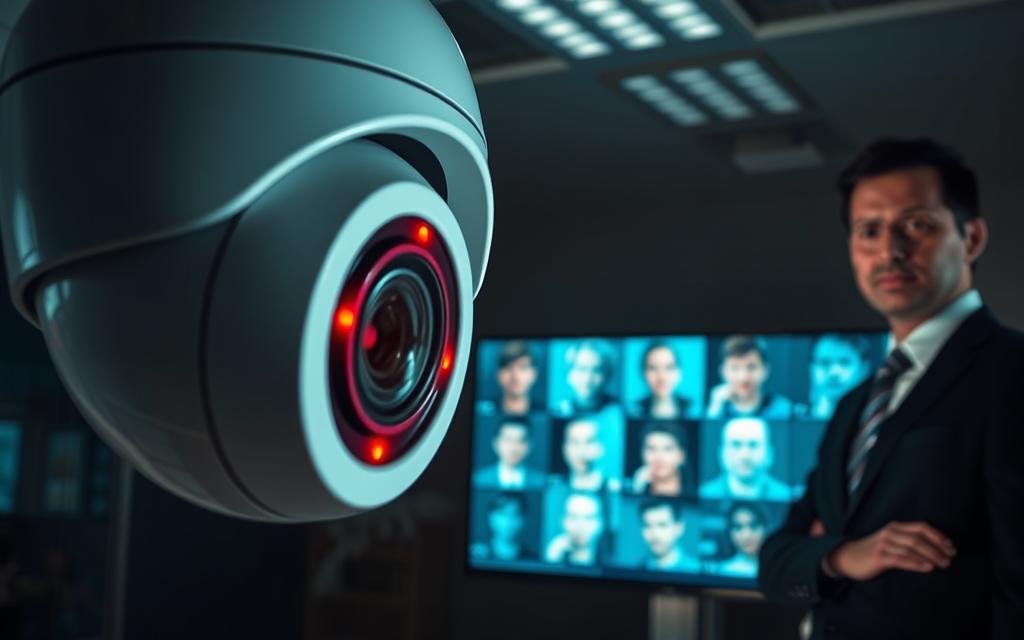 A close-up view of a facial recognition system in action, emphasizing the dangers and flaws associated with the technology. In the foreground, a high-tech security camera with soft, focused lighting highlights its intricate lens and sensors. The middle ground features a digital screen displaying multiple faces, with some marked in red to indicate identification failures, while others appear blurred, representing inaccuracies. In the background, a slightly dark office environment adds a sense of foreboding, with low-key lighting creating shadows that suggest surveillance. A professional individual in business attire stands nearby, observing the screen with a concerned expression. The atmosphere conveys a blend of technological advancement and unease, capturing the duality of facial recognition technology in society today. A Revolução do Reconhecimento Facial (Perigos)