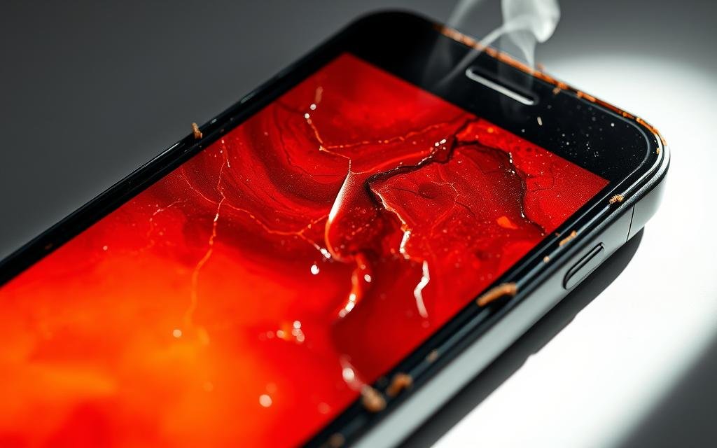 A close-up view of a smartphone screen, its surface discolored and warped from intense heat exposure. The display appears distorted, with visible ripples and bubbles, suggesting internal damage. The surrounding casing is slightly charred, with a faint wisp of smoke rising from the edge. Bright, harsh lighting casts harsh shadows, emphasizing the device's stressed, overheated condition. The stark, dramatic lighting creates a sense of urgency and danger, conveying the seriousness of the situation. The image's focus is solely on the damaged smartphone, allowing the viewer to clearly see the effects of excessive heat on the delicate electronic components. 5 Motivos Para Seu Celular Estar Aquecendo