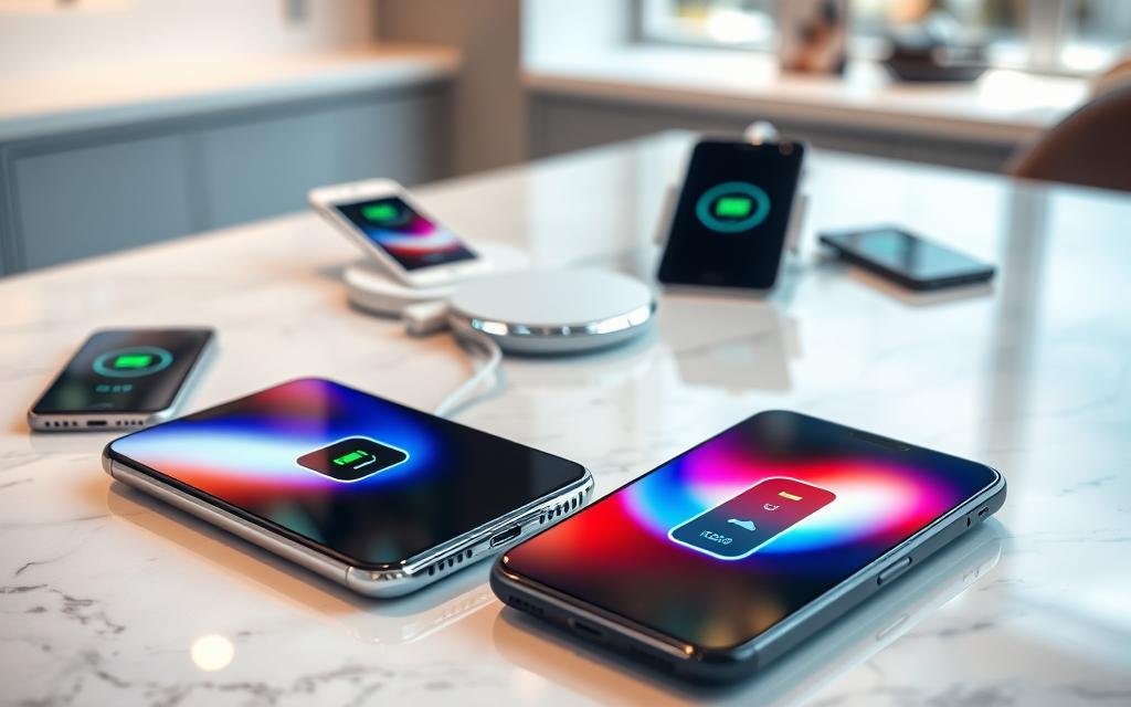 A collection of modern smartphones arranged on a sleek marble countertop, showcasing their reverse wireless charging features. In the foreground, highlight two flagship devices with vivid, high-resolution screens displaying animated battery icons. In the middle ground, include additional smartphones with distinct designs and colors, each elegantly angled to reveal their charging ports. In the background, softly blurred, display a stylish wireless charging pad, enhancing the tech-savvy atmosphere. The lighting should be bright and inviting, mimicking a well-lit tech showroom with subtle reflections on the marble surface. Capture a clean, professional mood, emphasizing innovation and connectivity without any text or distractions. A Tecnologia Secreta do Carregamento Reversível