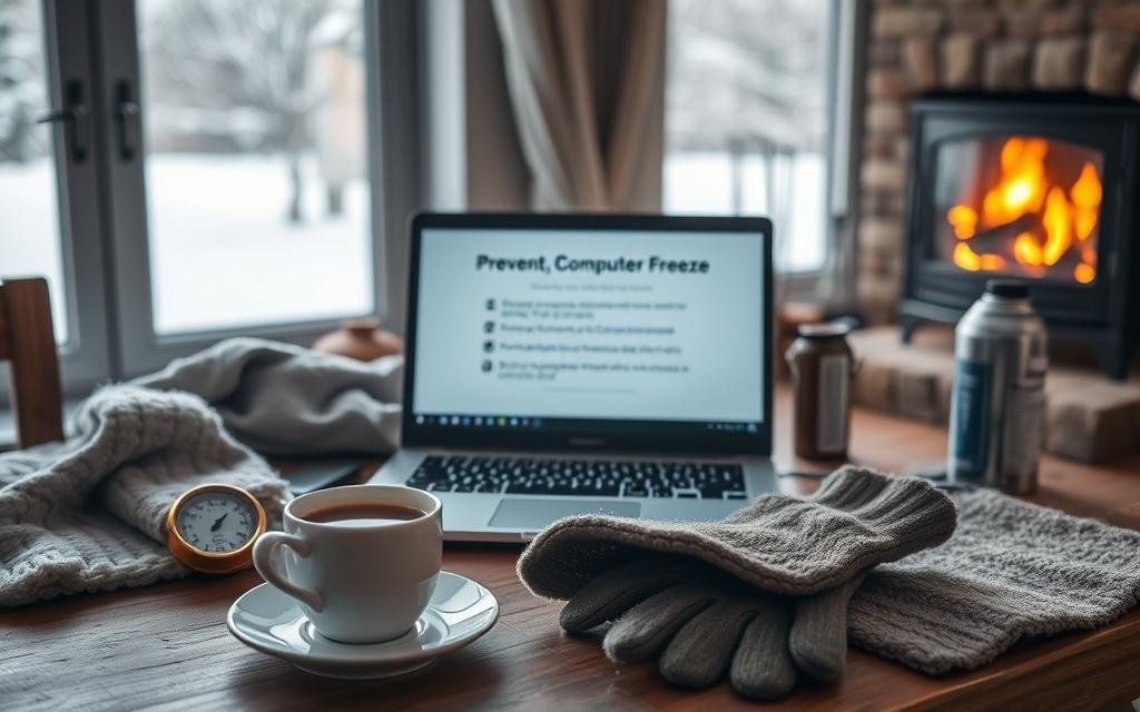 A cozy winter scene with a laptop on a wooden desk, surrounded by various cold weather prevention items. In the foreground, a cup of hot coffee, a blanket, and a pair of warm gloves. In the middle ground, the laptop screen displays information about preventing computer freezes, with a thermometer and an air duster can nearby. The background features a snowy landscape visible through a window, with a crackling fireplace in the corner, casting a warm glow. Soft, diffused lighting illuminates the scene, creating a comforting and productive atmosphere. A cozy winter scene with a laptop on a wooden desk, surrounded by various cold weather prevention items. In the foreground, a cup of hot coffee, a blanket, and a pair of warm gloves. In the middle ground, the laptop screen displays information about preventing computer freezes, with a thermometer and an air duster can nearby. The background features a snowy landscape visible through a window, with a crackling fireplace in the corner, casting a warm glow. Soft, diffused lighting illuminates the scene, creating a comforting and productive atmosphere.