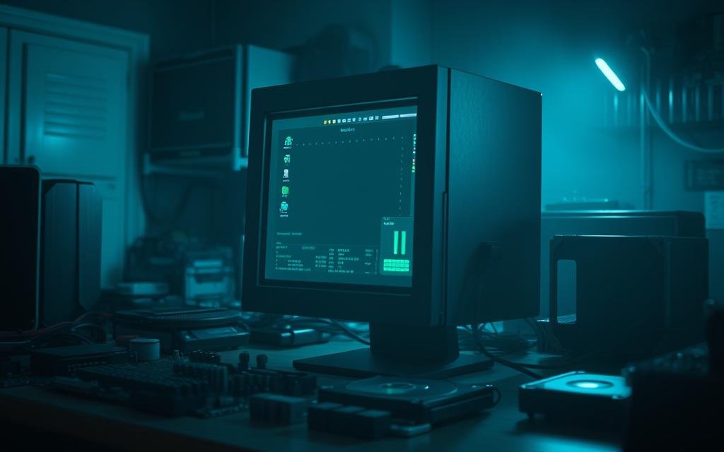 A desktop computer surrounded by various technological components, including a motherboard, RAM modules, a CPU, and a hard drive, all against a backdrop of a cool-toned, dimly lit workspace. The image conveys a sense of technical complexity and potential issues that could lead to the computer freezing. Dramatic shadows and subtle blue-green hues create an atmosphere of contemplation and problem-solving. The composition balances the various elements, drawing the viewer's attention to the potential causes of the computer's freezing. 5 Motivos Para Seu Computador Estar Congelando
