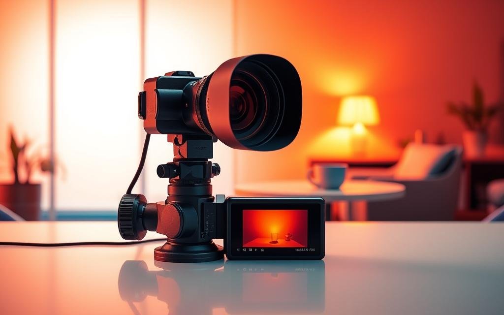 A detailed and informative illustration of the principles of infrared radiation as it relates to thermal cameras. In the foreground, showcase a thermal camera equipped with a large lens, resting on a sleek, modern table. The middle section should depict a stylistically simplified human figure, dressed in professional attire, demonstrating the camera by pointing it toward an object that emits heat, like a warm cup of coffee. In the background, create a warm, ambient environment with a gradient atmosphere transitioning from cool blue to warm red, depicting heat radiation visually. Soft lighting highlights the camera's features and reflects on nearby surfaces, creating a professional and engaging mood that emphasizes the technology's functionality. Ensure the composition is clear, visually appealing, and informative without text or distractions. A detailed and informative illustration of the principles of infrared radiation as it relates to thermal cameras. In the foreground, showcase a thermal camera equipped with a large lens, resting on a sleek, modern table. The middle section should depict a stylistically simplified human figure, dressed in professional attire, demonstrating the camera by pointing it toward an object that emits heat, like a warm cup of coffee. In the background, create a warm, ambient environment with a gradient atmosphere transitioning from cool blue to warm red, depicting heat radiation visually. Soft lighting highlights the camera's features and reflects on nearby surfaces, creating a professional and engaging mood that emphasizes the technology's functionality. Ensure the composition is clear, visually appealing, and informative without text or distractions.