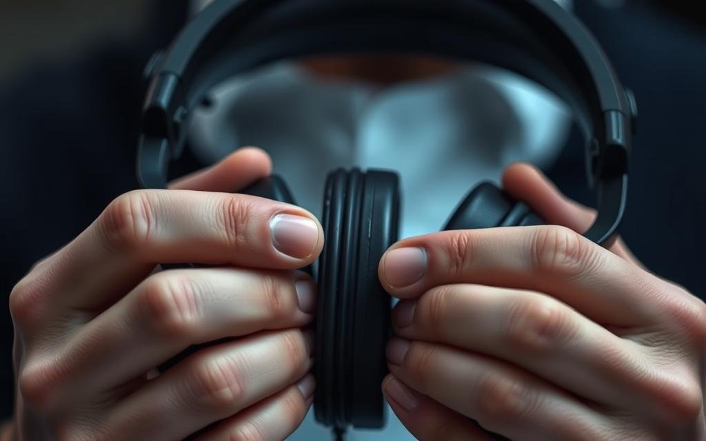 A detailed close-up view of a person's hands examining the physical connections and ports of a headset, with a neutral, thoughtful expression. The headset is shown in the center of the frame, with the person's fingers gently tracing the cables and inspecting the plugs. The lighting is soft and even, highlighting the intricate details of the hardware. The background is slightly blurred, keeping the focus on the diagnostic process. The overall mood is one of careful, methodical troubleshooting, conveying the sense of a "rapid diagnosis" of the headset's physical connections and configurations. Motivos Para Seu Headset Não Estar Funcionando