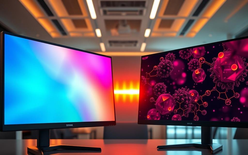 A detailed comparison scene featuring two monitors side by side, one an LED display and the other an OLED display. In the foreground, the LED monitor showcases vibrant colors with a slight glare due to its backlighting, while the OLED monitor displays deep blacks and richer colors with a more immersive glow. The middle ground should include a subtle visual representation of their technologies—like a light spectrum behind the LED and organic compounds for the OLED, conveying the differences in light emission. In the background, a sleek office environment with warm overhead lighting enhances the mood of professionalism. The angle should capture both monitors from a slightly elevated viewpoint, emphasizing their design and differences. The overall atmosphere should be informative yet engaging, illustrating the contrast in technology. A Tecnologia OLED em Monitores