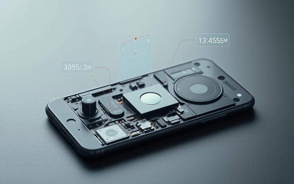 A detailed diagnostic examination of the sensors on a sleek, midnight-black Samsung smartphone. The device lies on a minimalist, grey-toned surface, illuminated by soft, indirect lighting that casts subtle shadows. The camera focuses in on the phone's intricate internals, showcasing the various sensors and their components. Translucent overlays provide technical schematics and performance metrics, allowing the viewer to understand the sensor's functionality and capabilities. The overall mood is one of precision, technological sophistication, and a deep dive into the underlying hardware that powers the smartphone's advanced features.