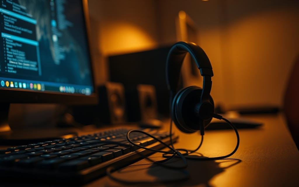 A dimly lit home office setting with a computer monitor, keyboard, and a headset on the desk. The headset's audio cable is tangled, and the volume control knob is slightly misaligned, suggesting configuration issues. Soft shadows and warm lighting create an atmosphere of frustration and troubleshooting. The background is blurred, emphasizing the focal point of the headset and its connection issues. The camera angle is slightly elevated, providing a sense of the user's perspective as they investigate the audio problems. 5 Motivos Para Seu Headset Estar Fazendo Ruído